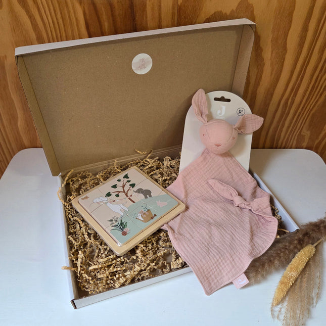 Brievenbus cadeautje voor een baby met knuffeldoekje en puzzel in roze