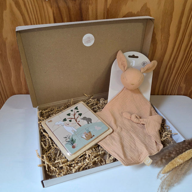Brievenbus cadeautje voor een baby met knuffeldoekje en puzzel in zalm roze