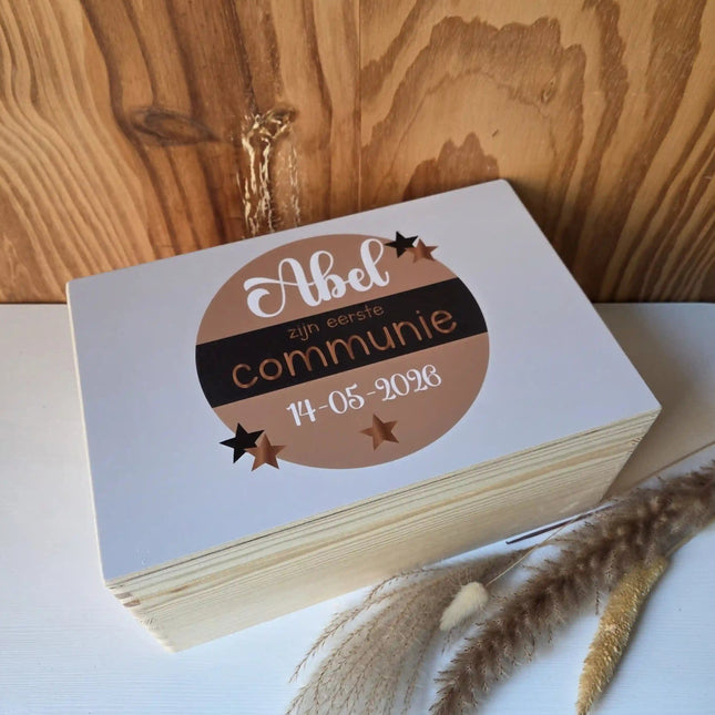 Houten Herinneringskist Communie | Cirkel met Banner | Full colour