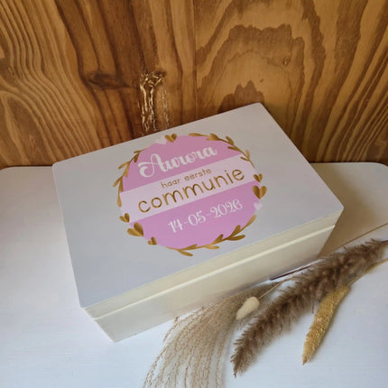 Houten Herinneringskist Communie | Cirkel met Banner | Full colour