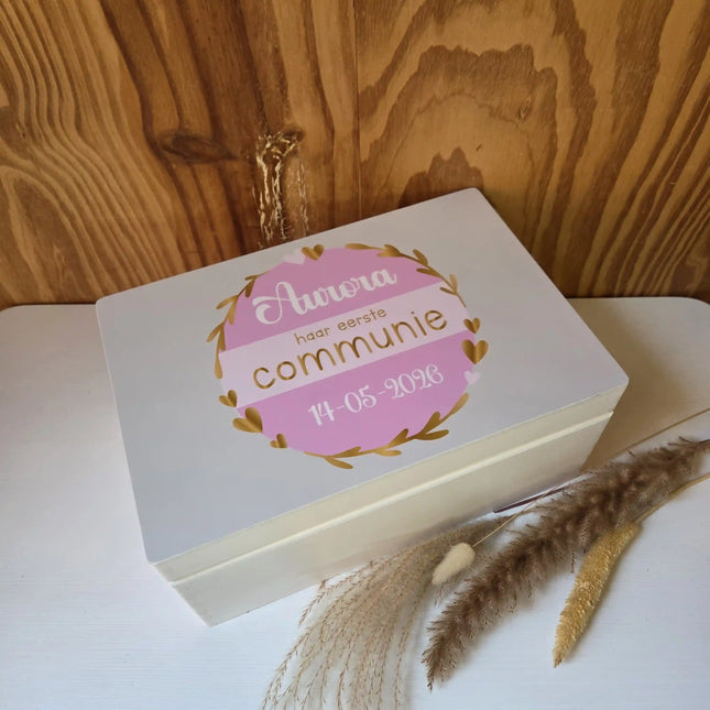 Houten Herinneringskist Communie | Cirkel met Banner | Full colour