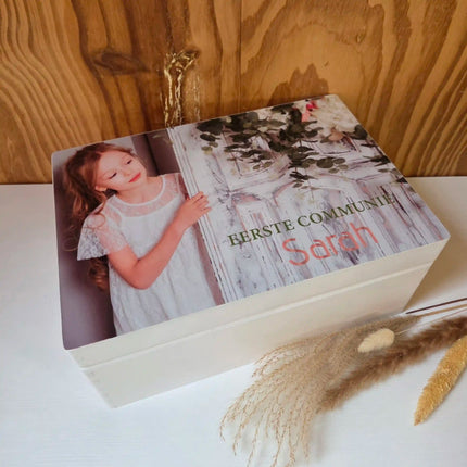 Houten herinneringskist Communie | Communiecadeau met foto (all-over)