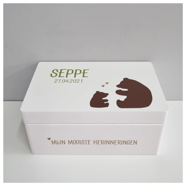 Houten Geboortekist | Herinneringen kist met naam, datum en Beertjes