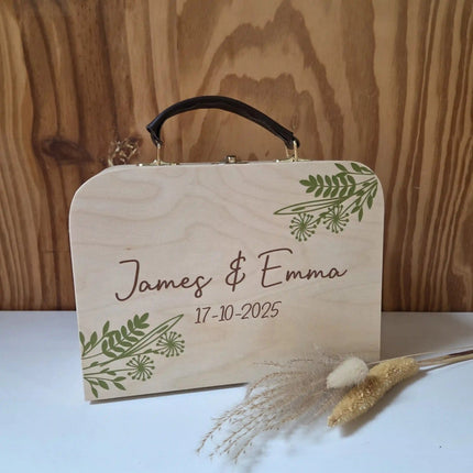 Houten koffertje huwelijkscadeau in botanical style