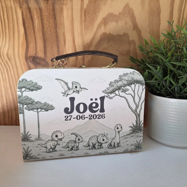 Houten koffertje met dinos in groen tinten