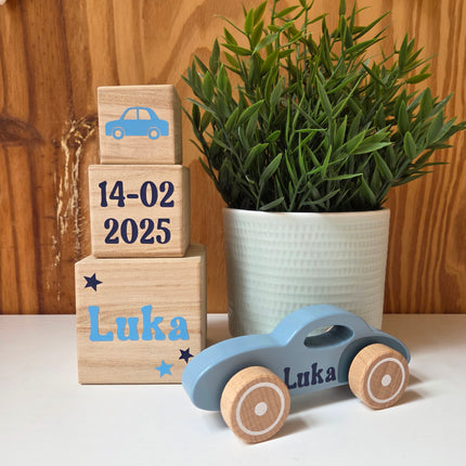 Kraamcadeau pakket Blokkentoren met houten auto