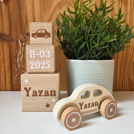 Kraamcadeau pakket Blokkentoren met houten auto