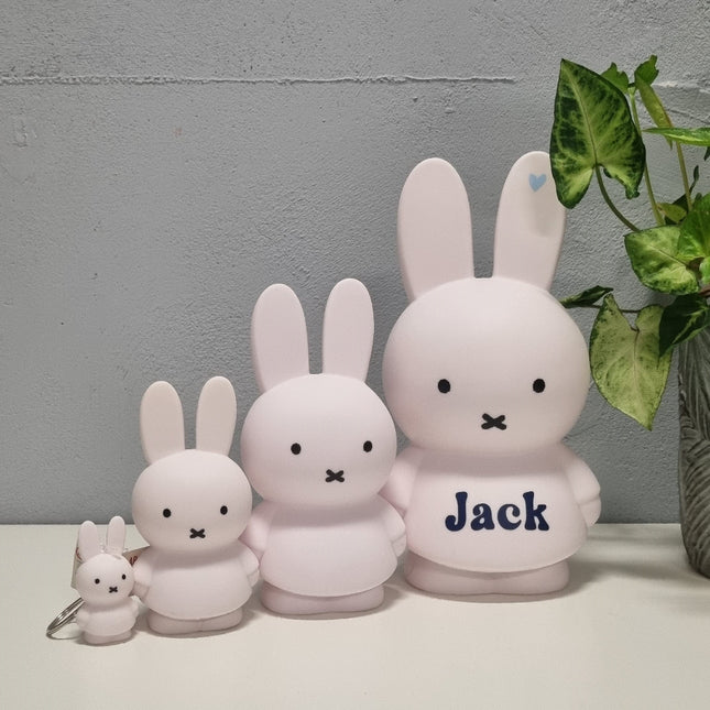 Een rijtje witte Nijntje spaarpotten en sleutelhanger. Een leuk cadeau met naam!