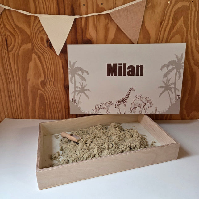 Sensorische zandbak met naam en jungledieren