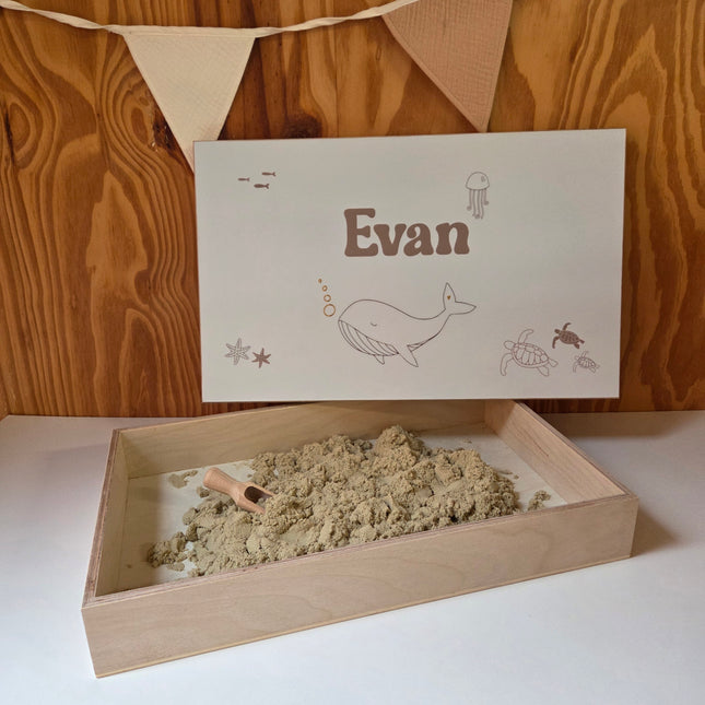Houten Speelbak | Zandbak met Zeedieren en naam | Sensorisch Speelbak met deksel