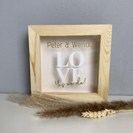 Houten bruiloft spaarpot Love met naam 