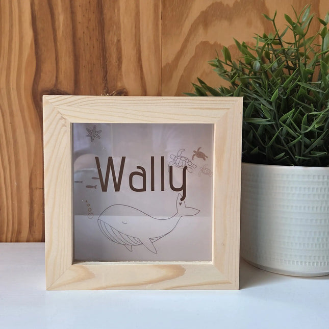 Spaarpot met naam en walvis in full color design