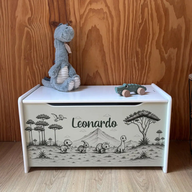 Wit houten speelgoedkist met dinos