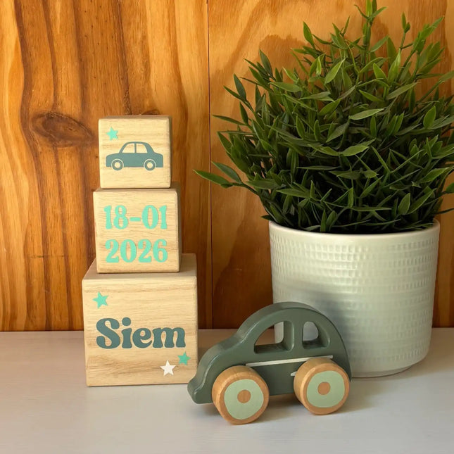 Kraamcadeau pakket Blokkentoren met houten auto