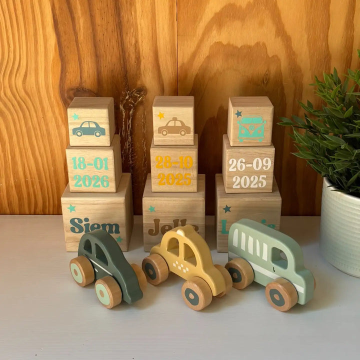 Kraamcadeau pakket Blokkentoren met houten auto