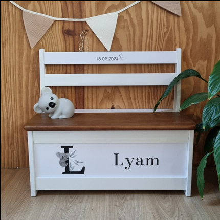 Speelgoedbankje Naturel Zitting | Opbergbankje met naam (en kussentje) - stijl geboortekaartje