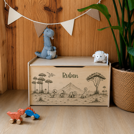 Houten speelgoedkist Dino's | Full colour