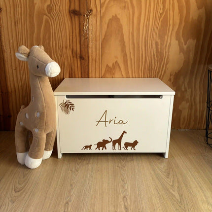 Houten speelgoedkist met naam en afbeelding | Wit klein